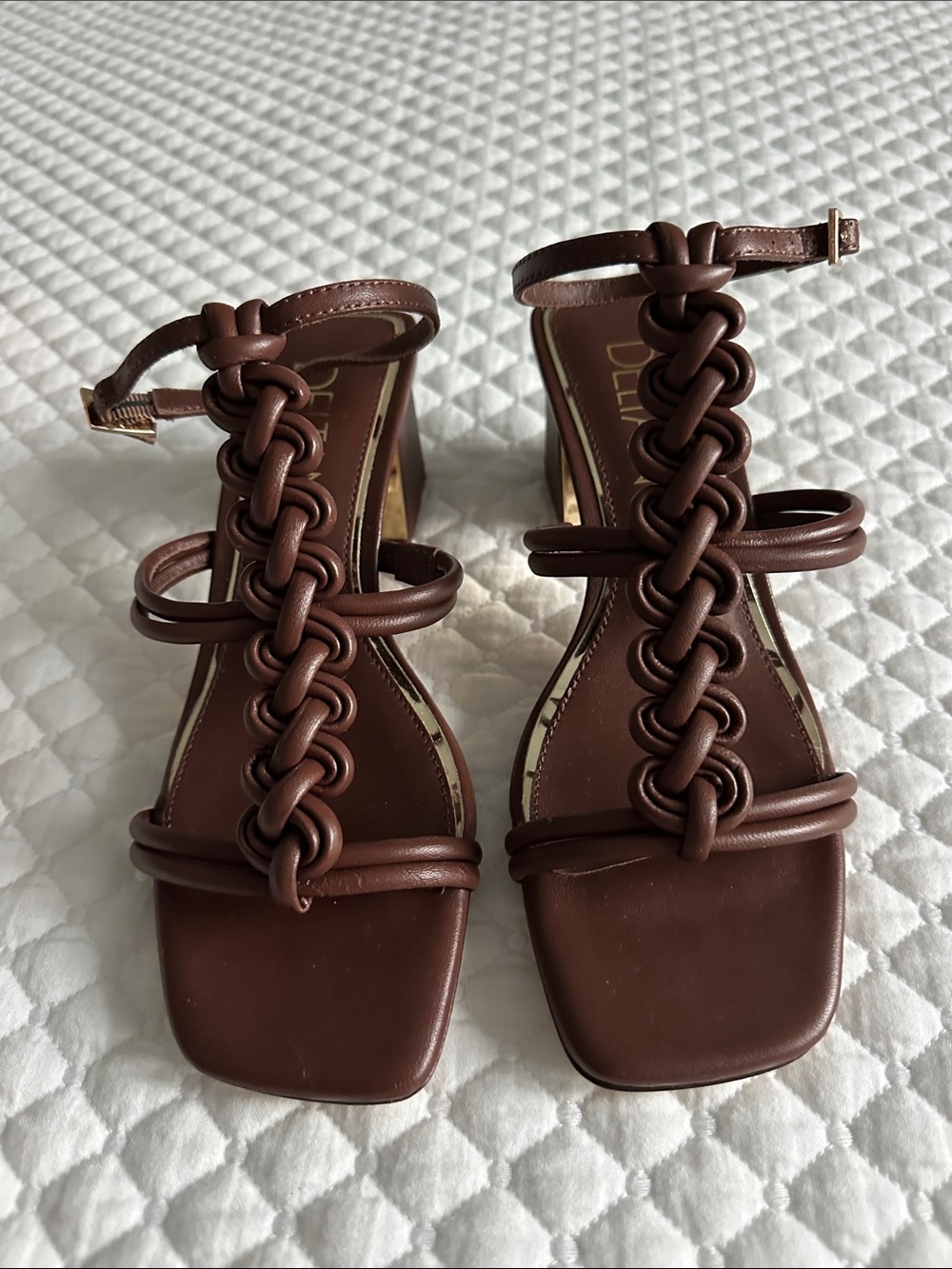 Deltan Braided-Strap Square Toe Block Heels